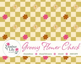 Patrón de cuadros florales sin costuras, diseño retro dibujado a mano, papel digital con margaritas y diseño de tela con efecto floral.