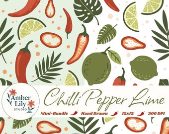 Patrón sin costuras de chile y lima, dibujado a mano, PNG, descarga para tela, papel, impresión y uso comercial