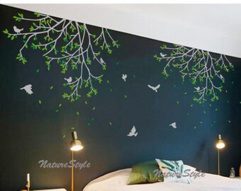 Two branches and flying birds - Nursery wall decal trees baby wall decal vinyl wall decal nursery bedroom office decal