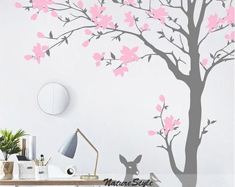 Large Blossom Tree with Birds and Deer - Vinyl Wall Decal,Wall Sticker, Mural, Wall Hanging, Nature Design