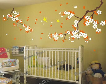 blossom floral with Flying Birds -Vinyl Wall Decal,pink flower, wall decal tree nursery wall decal baby wall decal children wall decal