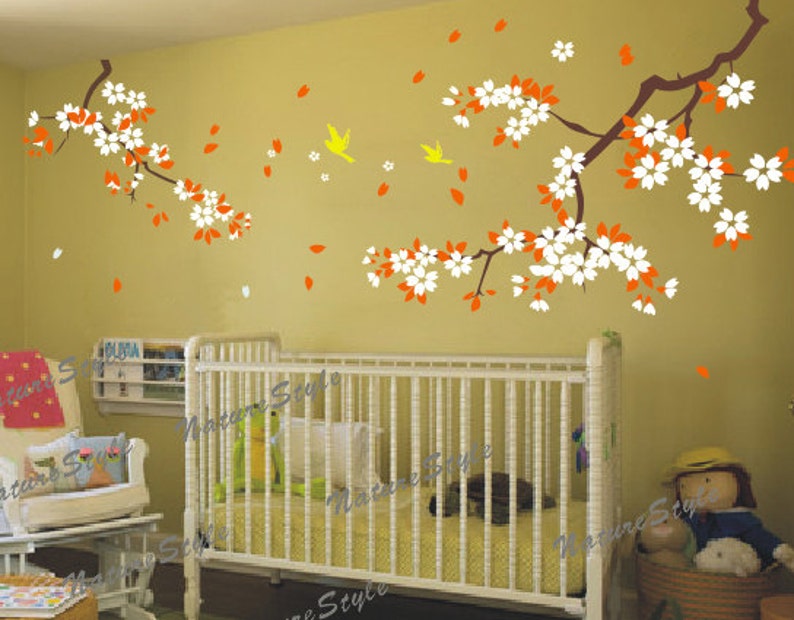Vinyl Wall Decal,pink flower wall decal tree nursery wall decal baby wall decal children wall decal blossom floral with Flying Birds