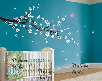 FREE SHIPPING - cherry blossom wall decals flower vinyl wall decal tree girl nursery sticker baby children-plum blossom with Flying Birds