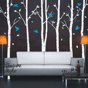 FREE SHIPPING - Birch Tree Wall decal nature forest baby Nursery decal Birch Trees Wall Vinyl sticker Kids - 6 Birch Tree with Flying Birds