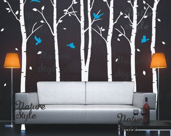 FREE SHIPPING - Birch Tree Wall decal nature forest baby Nursery decal Birch Trees Wall Vinyl sticker Kids - 6 Birch Tree with Flying Birds