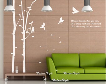 2 Birch Tree with Flying Birds and Letters-Vinyl Wall Decal,Sticker,Nature Design