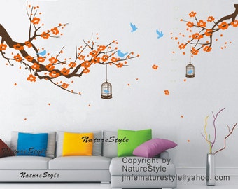 FREE SHIPPING - cherry blossom wall decals birds vinyl nursery wall decals tree wall mural cherry decor-Plum Blossom with Flying Birds