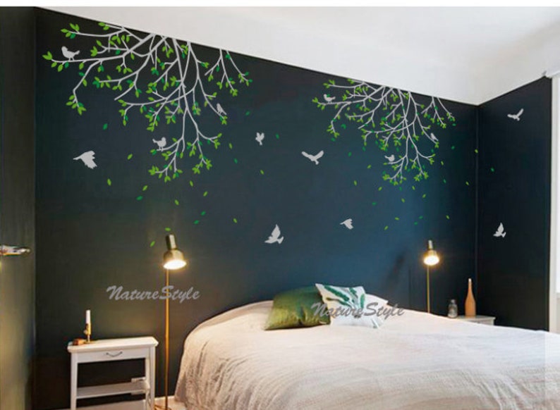 Two branches and flying birds Nursery wall decal trees baby wall decal vinyl wall decal nursery bedroom office decal image 1