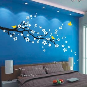 Cherry blossom wall decals Nursery wall sticker Branch vinyl wall decal Children wall decals flower-plum blossom with Flying Birds image 2