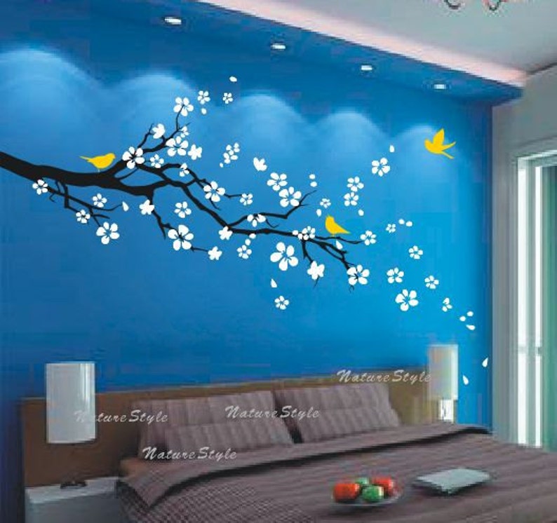 Cherry blossom wall decals Nursery wall sticker Branch vinyl wall decal Children wall decals flower-plum blossom with Flying Birds image 2