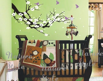 cherry blossom wall decal birds decals flower vinyl wall decals branch wall mural nursery wall decal-Cherry Blossom Branch with Flying Birds