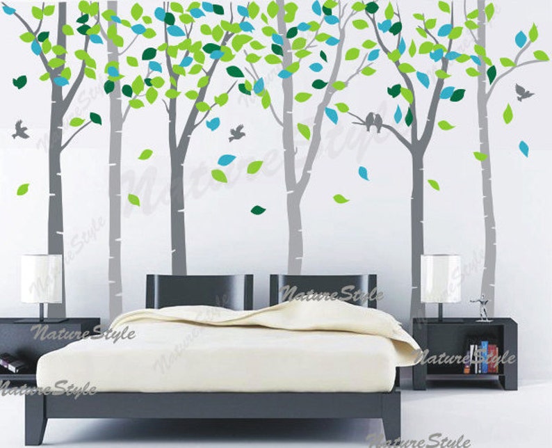 FREE SHIPPING wall decal tree nursery wall decal baby wall decal children bedroom vinyl decal-6 Birch Tree with Colorful leaves image 1