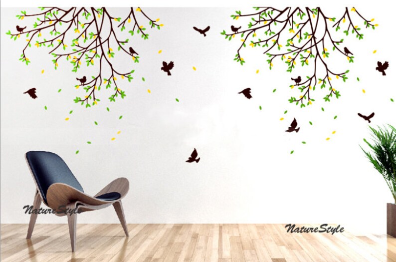 Two branches and flying birds Nursery wall decal trees baby wall decal vinyl wall decal nursery bedroom office decal image 2