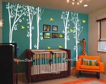 FREE SHIPPING - birch tree wall decals children baby nursery wall decal wall sticker decal decors wall mural -Tree with Flying Birds