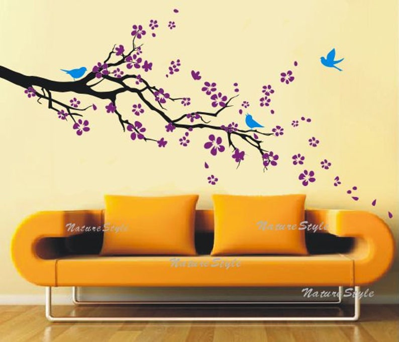 Cherry blossom wall decals Nursery wall sticker Branch vinyl wall decal Children wall decals flower-plum blossom with Flying Birds image 3