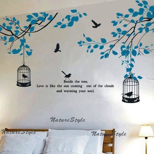 branches wall decal vinyl wall sticker baby decal nursery decor children room decal - Branch with Flying Birds and birdscage