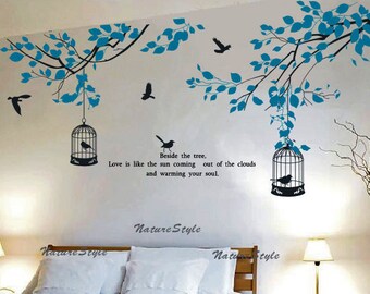 branches wall decal vinyl wall sticker baby decal nursery decor children room decal - Branch with Flying Birds and birdscage