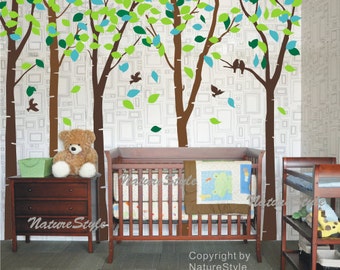 wall decal nursery wall decal baby wall decal office wall decal flying birds decal bedroom decal-6 Birch Tree with Colorful leaves