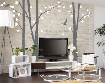 3 Birch Tree with Flying Birds-tree nursery wall decal birds wall decals nursery wall sticker children wall decals