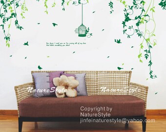 Flowers with Flying Birds and Birdscage-Vinyl Wall Decal,Sticker,Nature Design nursery room decal baby decor children room decor