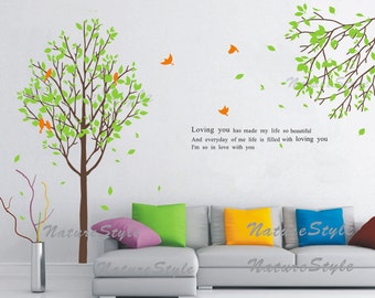 tree wall decals nursery decal baby vinyl sticker birds wall decal Nature Design -Tree with Branch and Flying Birds