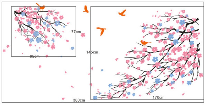 FREE SHIPPING cherry blossom Floral with Flying Birds tree wall decal bedroom children baby girl boy nursery room wall decal flower image 4