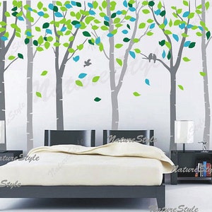 FREE SHIPPING -Birch tree wall decals nursery wall decal baby decal children vinyl bedroom decal - 6 Birch Trees with Colorful leaves