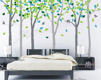 FREE SHIPPING -Birch tree wall decals nursery wall decal baby decal children vinyl bedroom decal - 6 Birch Trees with Colorful leaves