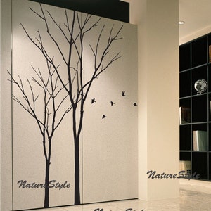 vinyl wall decal winter trees wall decal nursery flying birds decal tree wall decor girl bedroom decor-Two Winter Trees image 2