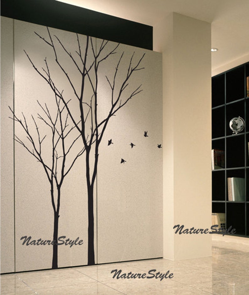 vinyl wall decal winter trees wall decal nursery flying birds decal tree wall decor girl bedroom decor-Two Winter Trees image 2