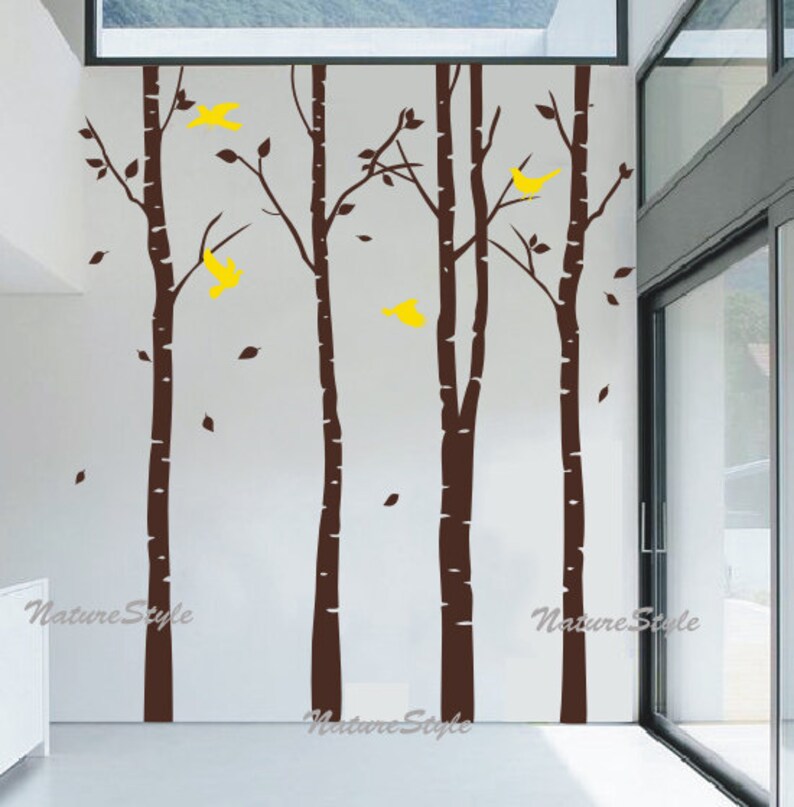 4 Birch Tree with Flying Birds vinyl decal wall decal tree wall decal baby wall decal nursery wall sticker room decor wall tree decal image 2