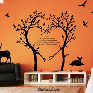 Two Tees with two Deer and Flying Birds -Vinyl Wall Decal,Sticker,Nature Design