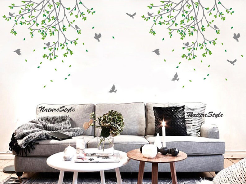 Two branches and flying birds Nursery wall decal trees baby wall decal vinyl wall decal nursery bedroom office decal image 3