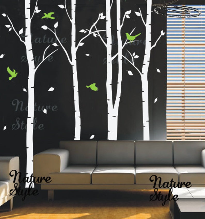 4 Birch Tree with Flying Birds vinyl decal wall decal tree wall decal baby wall decal nursery wall sticker room decor wall tree decal image 1