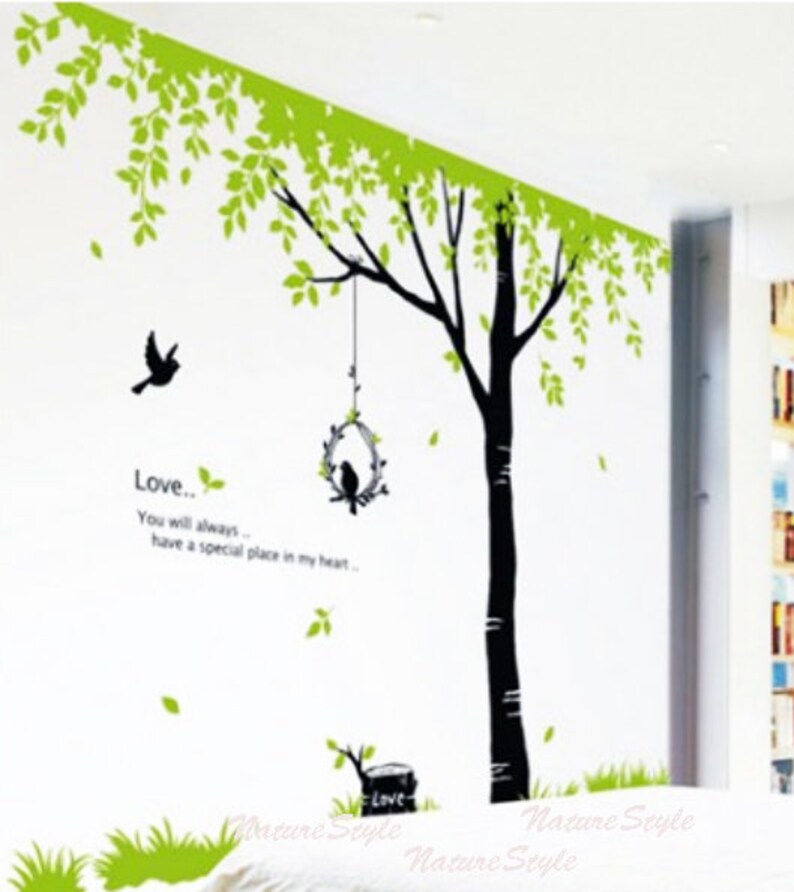 Green Tree with Flying Birds Vinyl Wall Decal wall Sticker nursery decal baby room decor birds decal children room decal image 4