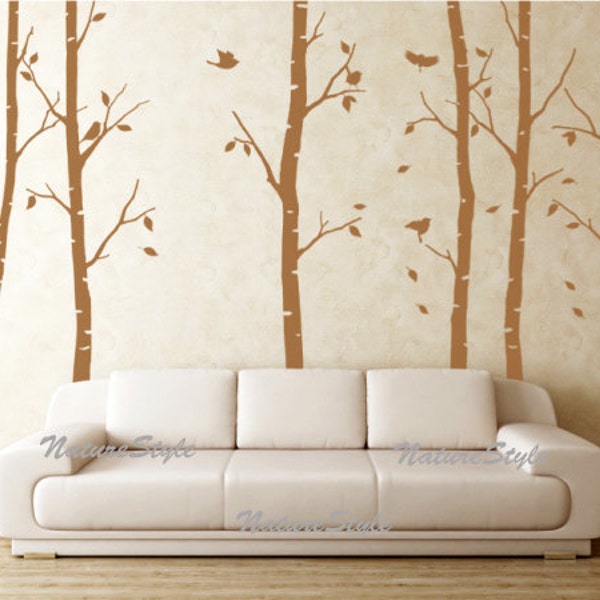 6 Birch Tree with Flying Birds and Letters-Vinyl Wall Decal,Sticker,Nature Design