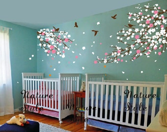 FREE SHIPPING - cherry blossom Floral with Flying Birds - wall decal,bedroom wall decal tree wall sticker baby girl nursery branch decal