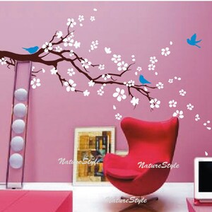 Cherry blossom wall decals Nursery wall sticker Branch vinyl wall decal Children wall decals flower-plum blossom with Flying Birds image 1