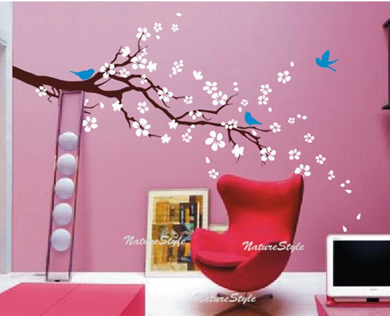 Cherry blossom wall decals Nursery wall sticker Branch vinyl wall decal Children wall decals flower-plum blossom with Flying Birds image 1