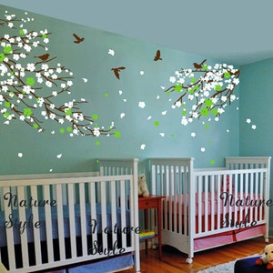 FREE SHIPPING cherry blossom Floral with Flying Birds tree wall decal bedroom children baby girl boy nursery room wall decal flower image 1