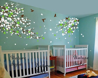 Versandkostenfrei - Kirschblüte Floral mit fliegenden Vögeln - Baum Wandtattoal Schlafzimmer Kinder Baby Mädchen Junge Kinderzimmer Wandtattoa Blume