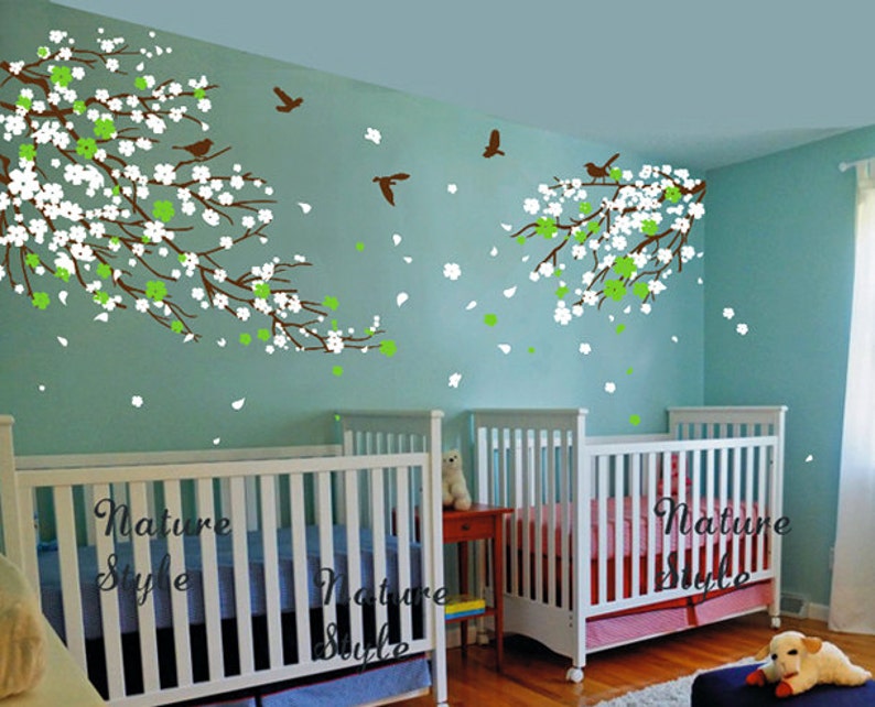 FREE SHIPPING cherry blossom Floral with Flying Birds tree wall decal bedroom children baby girl boy nursery room wall decal flower image 1