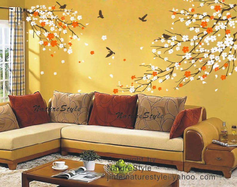 FREE SHIPPING cherry blossom Floral with Flying Birds tree wall decal bedroom children baby girl boy nursery room wall decal flower image 3