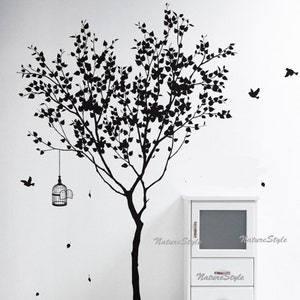 Tree Wall Decal vinyl Sticker,Nature Design birdcage birds decal winter tree decal flying birds decal - Tree with Flying Birds