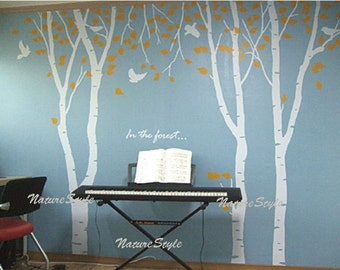 3 Birch Tree with Flying Birds and Letters-Vinyl Wall Decal,Sticker,Nature Design