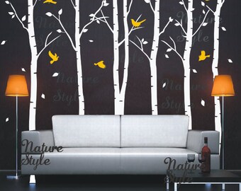 FREE SHIPPING - Birch Tree Forest Wall Decal birds nature Wall Vinyl for Nursery Kids Childrens Room -6 Birch Tree with Flying Birds