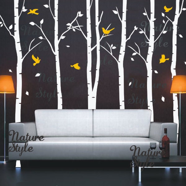 FREE SHIPPING - Birch Tree Forest Wall Decal birds nature Wall Vinyl for Nursery Kids Childrens Room -6 Birch Tree with Flying Birds