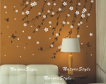 Branch flowers with Butterflies -vine flower Vinyl Wall Decalwhite floral, wall decal tree nursery wall decal baby wall decors kids mural