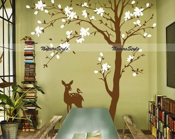 Large Blossom Tree with Birds and Deer - Vinyl Wall Decal,Wall Sticker, Mural, Wall Hanging, Nature Design