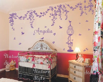 Abstract Flowers with birds-Nursery wall decals name vine wall decal sticker nursery wall mural living room wall decal